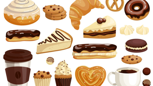 Set of sweet desserts, baked croissant, eclair cake, cinnamon bun, oatmeal cookies, cupcake, glass of coffee, chocolates, festive pastries and favorite drink.